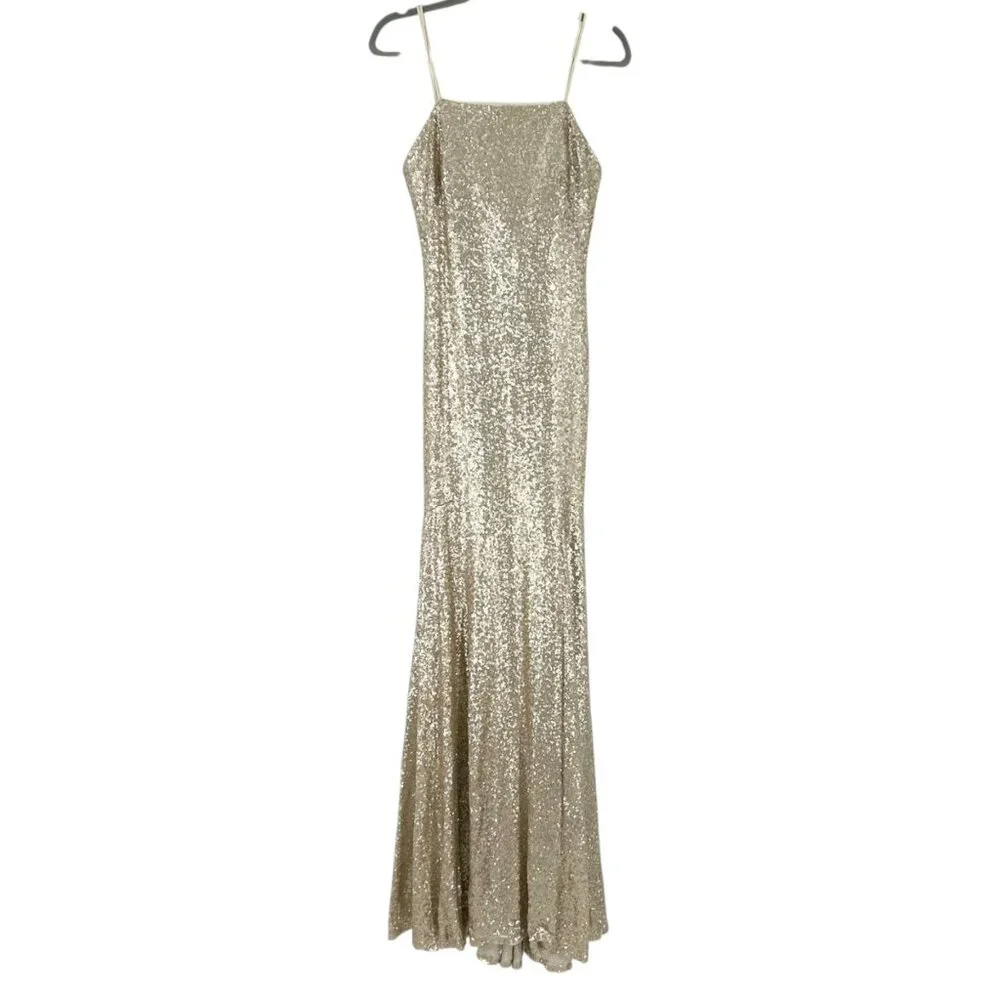 NWT Theia Bridesmaids Gigi Matte Gold Sequins Gown